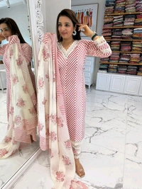 LCW 5662 Cotton febric Lahriya Design  Heavy less and Embroidery work on kurti Pant Dupatta  - Red, L-40