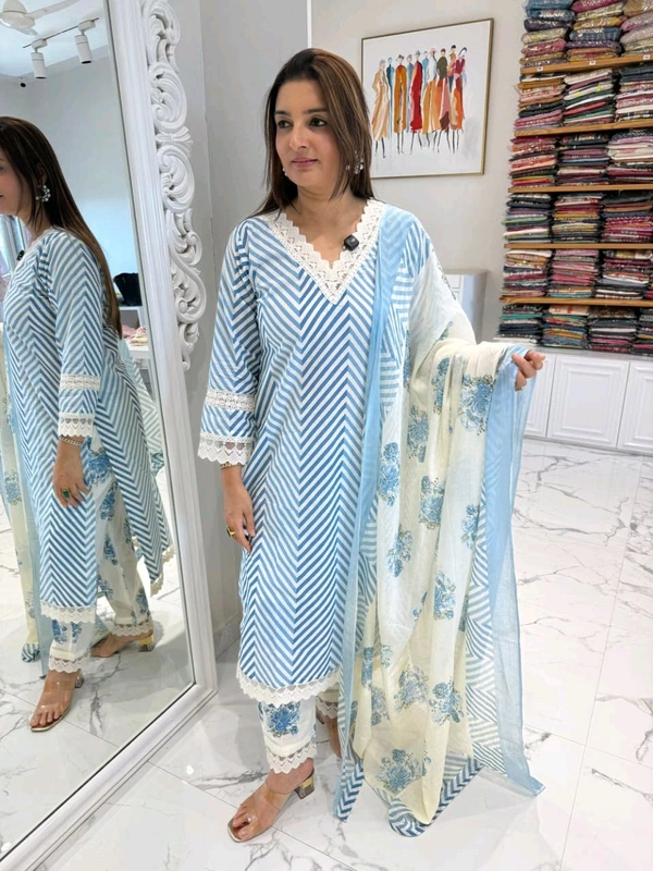 LCW 5662 Cotton febric Lahriya Design  Heavy less and Embroidery work on kurti Pant Dupatta  - Blue, M-38