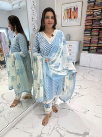 LCW 5662 Cotton febric Lahriya Design  Heavy less and Embroidery work on kurti Pant Dupatta  - Blue, M-38