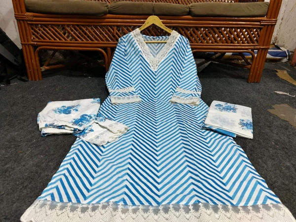 LCW 5662 Cotton febric Lahriya Design  Heavy less and Embroidery work on kurti Pant Dupatta  - Blue, M-38