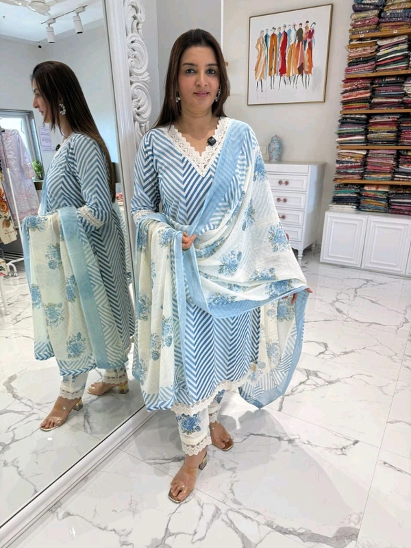 LCW 5662 Cotton febric Lahriya Design  Heavy less and Embroidery work on kurti Pant Dupatta  - Blue, L-40