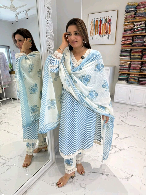 LCW 5662 Cotton febric Lahriya Design  Heavy less and Embroidery work on kurti Pant Dupatta  - Blue, 3XL-46