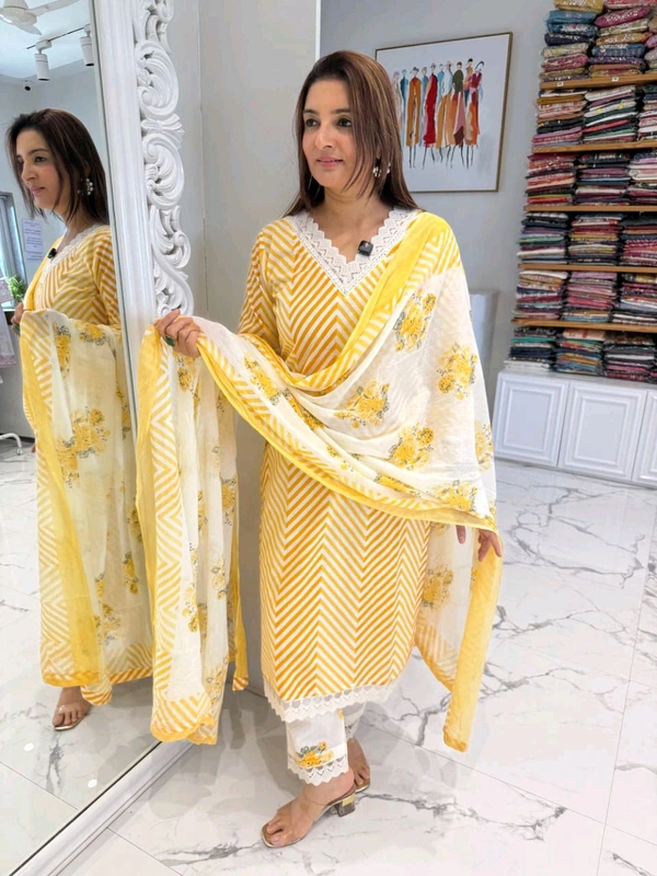 LCW 5662 Cotton febric Lahriya Design  Heavy less and Embroidery work on kurti Pant Dupatta  - Yellow, L-40