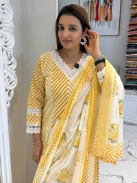 LCW 5662 Cotton febric Lahriya Design  Heavy less and Embroidery work on kurti Pant Dupatta  - Yellow, L-40