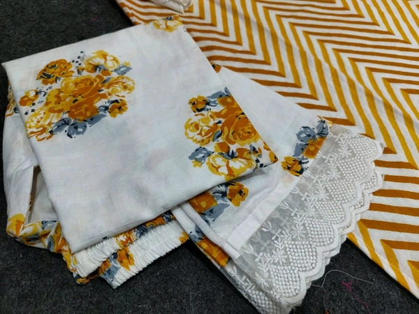 LCW 5662 Cotton febric Lahriya Design  Heavy less and Embroidery work on kurti Pant Dupatta  - Yellow, XL-42