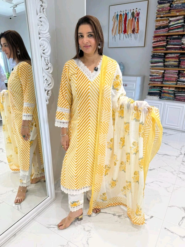 LCW 5662 Cotton febric Lahriya Design  Heavy less and Embroidery work on kurti Pant Dupatta  - Yellow, 3XL-46