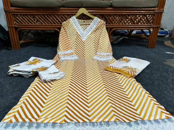 LCW 5662 Cotton febric Lahriya Design  Heavy less and Embroidery work on kurti Pant Dupatta  - Yellow, 3XL-46