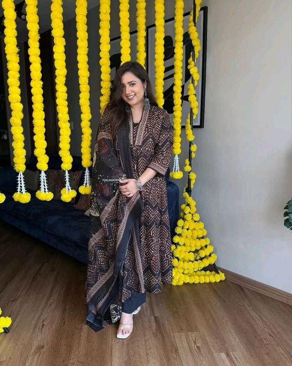 LCW 5664 *New Lounch  SPECIAL**MULTI COLOR COTTON AKHAT PRINT A LINE SUIT WITH DOUBLE SIDED* - Black, XL-42