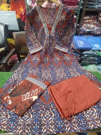 LCW 5664 *New Lounch  SPECIAL**MULTI COLOR COTTON AKHAT PRINT A LINE SUIT WITH DOUBLE SIDED* - Brown, XL-42