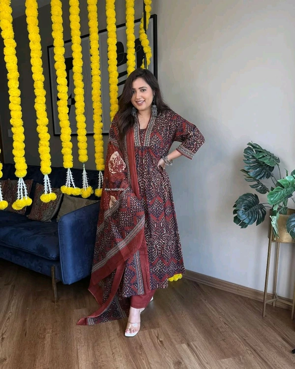 LCW 5664 *New Lounch  SPECIAL**MULTI COLOR COTTON AKHAT PRINT A LINE SUIT WITH DOUBLE SIDED* - Brown, 2XL-44