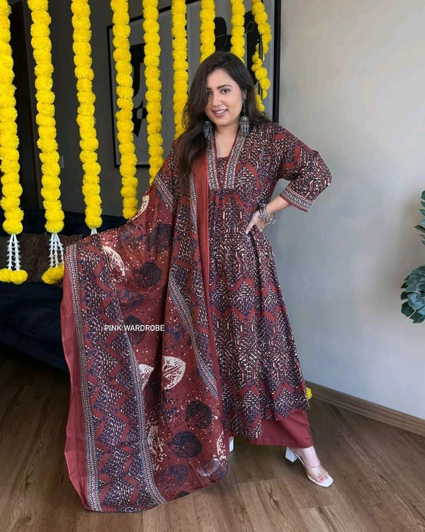 LCW 5664 *New Lounch  SPECIAL**MULTI COLOR COTTON AKHAT PRINT A LINE SUIT WITH DOUBLE SIDED* - Brown, 2XL-44