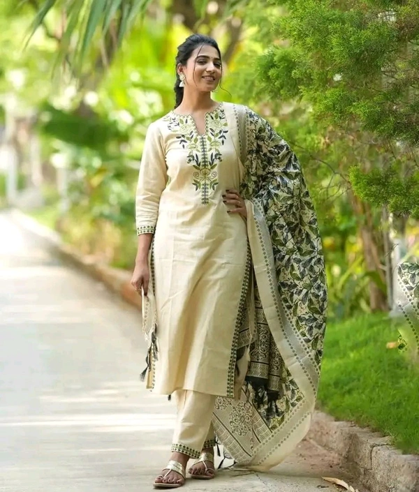 LCW 5668 Nrw cotton kurta pant and khadi silk ikkat print  Dupatta set Work: Machine thread embroidery  - M-38