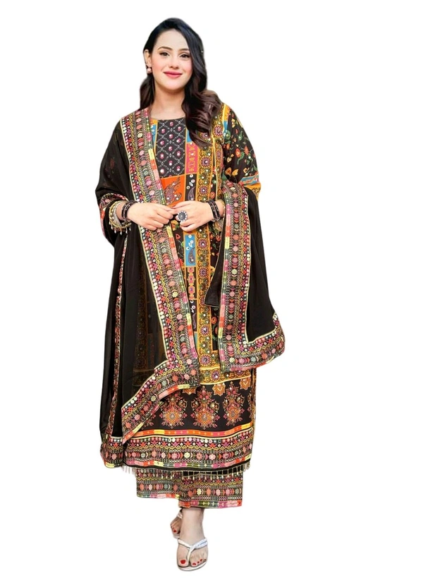 ARM 5672  HEAVY FANCY MUSLIN  PAKISTANI SUIT  WITH DUPATTA SET REAL MIRROR WORK  - Black, M-38