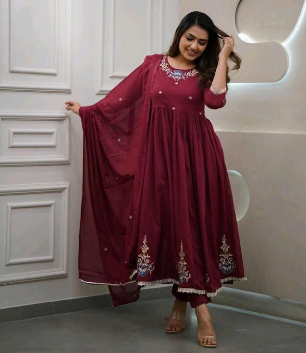 LCW 5673 *_New design  cotton suit sets  -Beautifull floral embroidery work  - Maroon, L-40