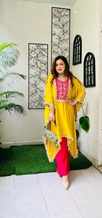 LCW 5676 NEW HAVE REYON SILK
 EMBROIDERY WORK KAFTAN WITH PANT
 EMBROIDERED WORK - Yellow, M-38