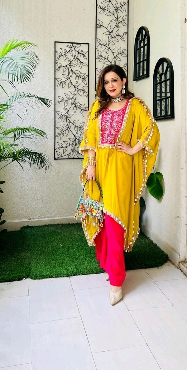 LCW 5676 NEW HAVE REYON SILK
 EMBROIDERY WORK KAFTAN WITH PANT
 EMBROIDERED WORK - Yellow, XL-42