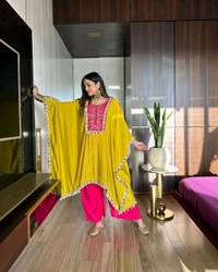 LCW 5676 NEW HAVE REYON SILK
 EMBROIDERY WORK KAFTAN WITH PANT
 EMBROIDERED WORK - Yellow, XL-42