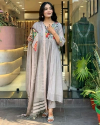 LCW 5677 New Very Beautiful 3ps Set Beautiful cotton fabric Anarkali kurti pant and dupatta. embroidery work - M-38