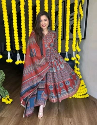 LCW 5681 *New lounch Cotton Print Flair Anarkali Suit  With Handwork  - Maroon, 3XL-46