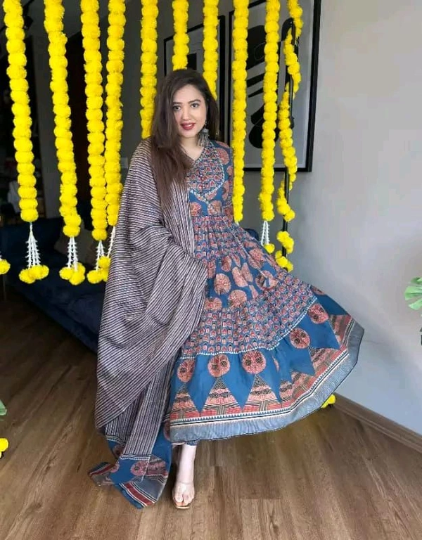 LCW 5681 *New lounch Cotton Print Flair Anarkali Suit  With Handwork  - Blue, M-38