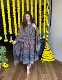 LCW 5681 *New lounch Cotton Print Flair Anarkali Suit  With Handwork  - Blue, M-38