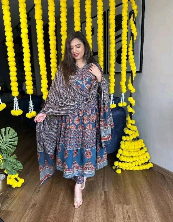 LCW 5681 *New lounch Cotton Print Flair Anarkali Suit  With Handwork  - Blue, XL-42