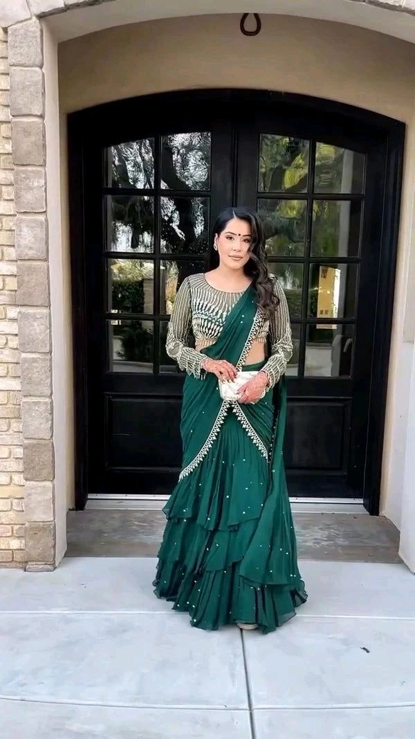 DSS 5687 *NEW READY TO WEAR GEORGETTE RUFFLE LEHENGA SAREE WITH FULL  SLEEV BLOUSE WITH SEQUENCE EMBROIDERY WORK* GEORGETTE  - Free Size