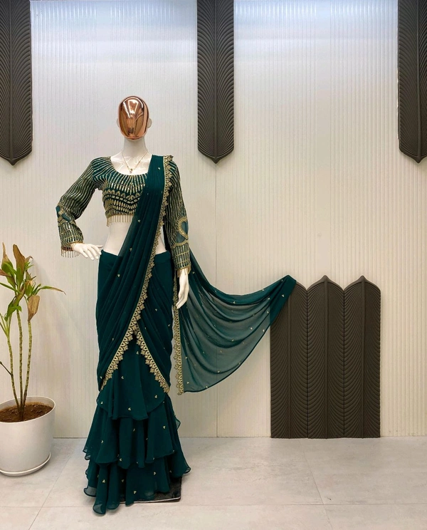 DSS 5687 *NEW READY TO WEAR GEORGETTE RUFFLE LEHENGA SAREE WITH FULL  SLEEV BLOUSE WITH SEQUENCE EMBROIDERY WORK* GEORGETTE  - Free Size