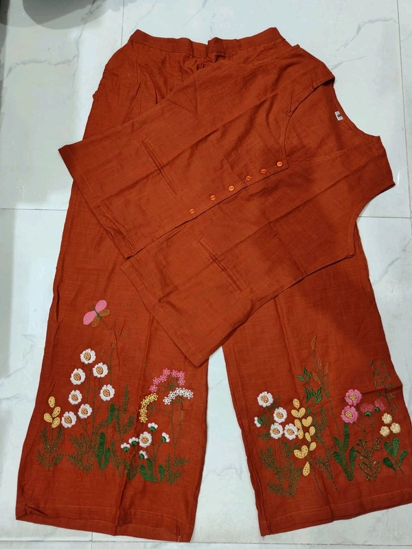 LCW 5688   New cotton Slub Kurta Top & Pant  beautiful colours  embroidery work - Brown, L-40