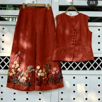 LCW 5688   New cotton Slub Kurta Top & Pant  beautiful colours  embroidery work - Brown, XL-42