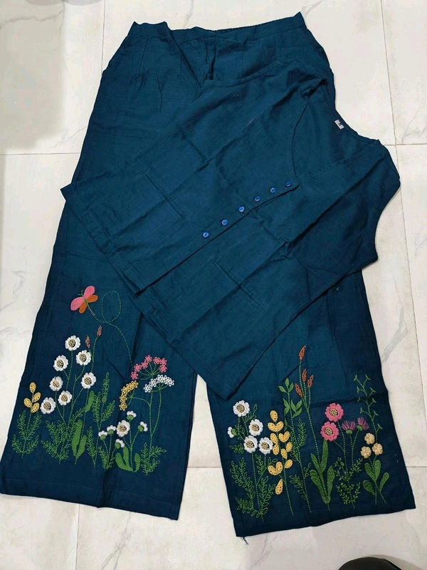 LCW 5688   New cotton Slub Kurta Top & Pant  beautiful colours  embroidery work - Blue, XL-42