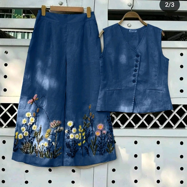 LCW 5688   New cotton Slub Kurta Top & Pant  beautiful colours  embroidery work - Blue, XL-42