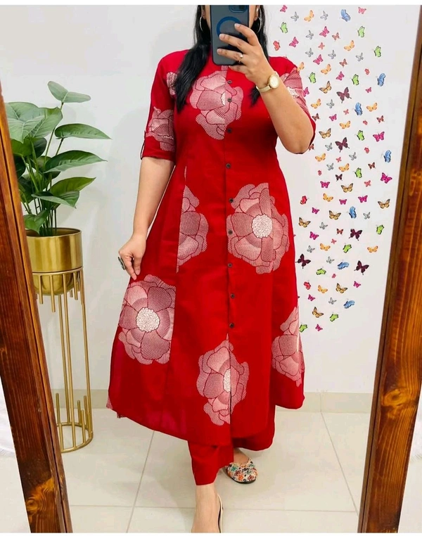 LCW 5689 beautiful a line cord _set Jaipur print  border Design Less work Kurti with side pocket- Pure mal  cotton - Red, L-40