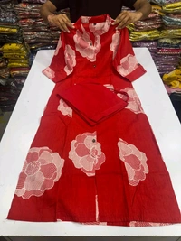 LCW 5689 beautiful a line cord _set Jaipur print  border Design Less work Kurti with side pocket- Pure mal  cotton - Red, L-40