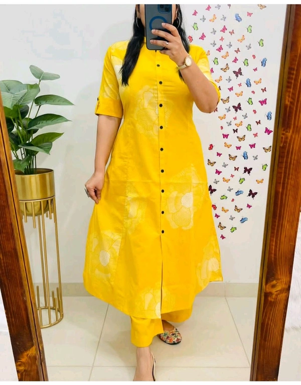 LCW 5689 beautiful a line cord _set Jaipur print  border Design Less work Kurti with side pocket- Pure mal  cotton - Yellow, XL-42