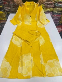 LCW 5689 beautiful a line cord _set Jaipur print  border Design Less work Kurti with side pocket- Pure mal  cotton - Yellow, XL-42