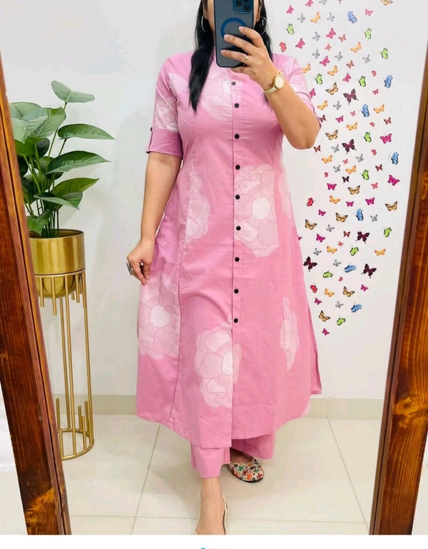 LCW 5689 beautiful a line cord _set Jaipur print  border Design Less work Kurti with side pocket- Pure mal  cotton - Pink, L-40