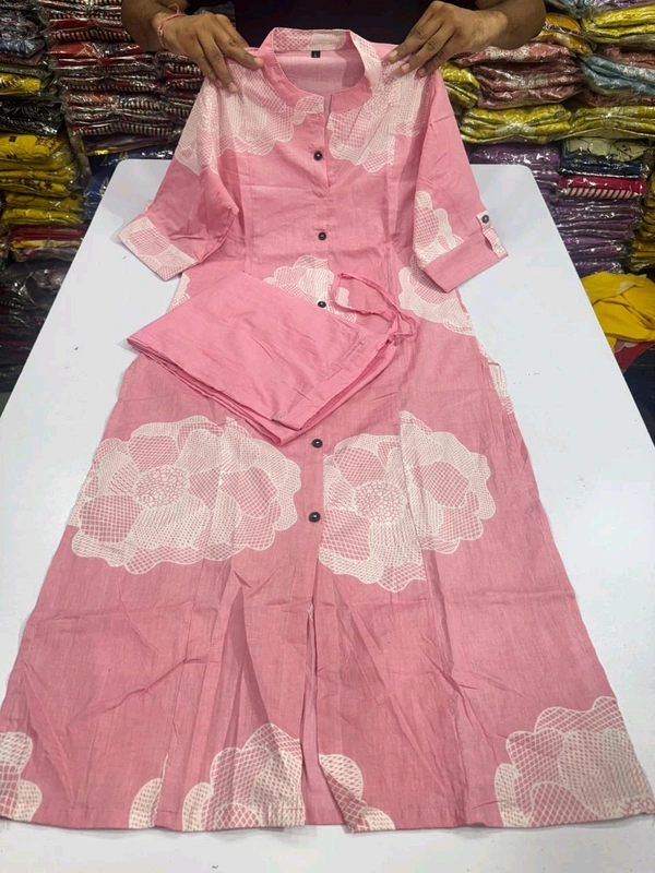 LCW 5689 beautiful a line cord _set Jaipur print  border Design Less work Kurti with side pocket- Pure mal  cotton - Pink, L-40