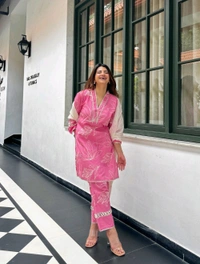 LCW 5690 *New Pink Kurta Pant duppta side hand cut and pant Lace work  - 2XL-44