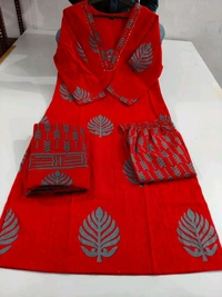 LCW 5691  very pretty and beautiful  Pure Cotton Hand Work  Kurti With Pant Dupatta  - Red, XL-42