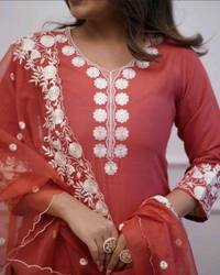 LCW 5693 New*Pure Roman silk suit set With Organza Dupatta  Beautiful Mirror Work  - Orange, L-40
