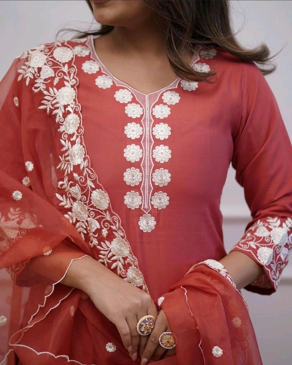 LCW 5693 New*Pure Roman silk suit set With Organza Dupatta  Beautiful Mirror Work  - Orange, XL-42