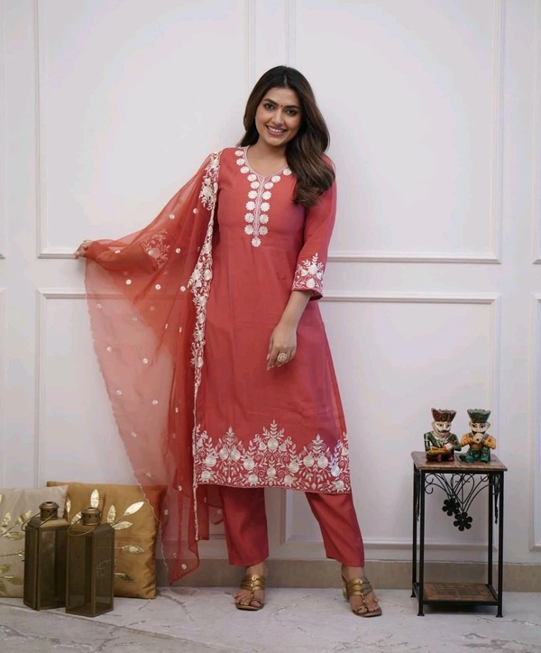 LCW 5693 New*Pure Roman silk suit set With Organza Dupatta  Beautiful Mirror Work  - Orange, 2XL-44