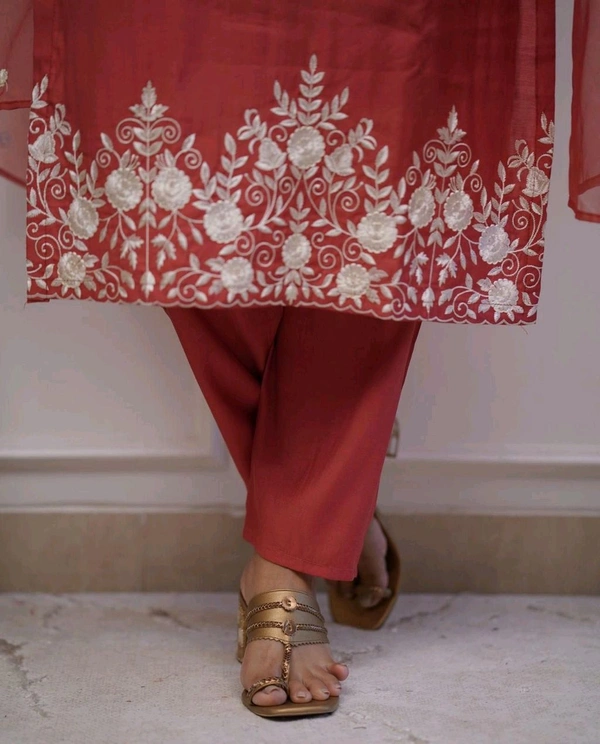 LCW 5693 New*Pure Roman silk suit set With Organza Dupatta  Beautiful Mirror Work  - Orange, 2XL-44
