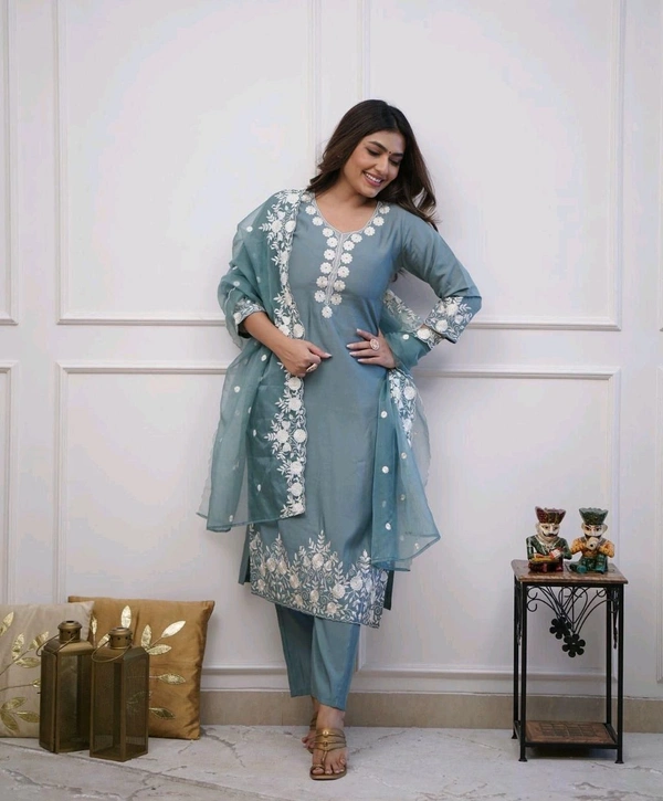 LCW 5693 New*Pure Roman silk suit set With Organza Dupatta  Beautiful Mirror Work  - Blue, L-40
