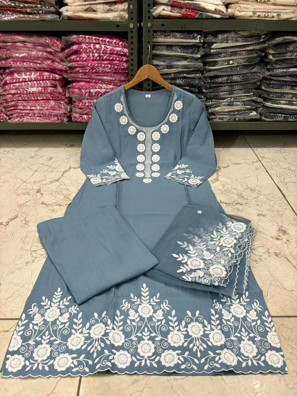 LCW 5693 New*Pure Roman silk suit set With Organza Dupatta  Beautiful Mirror Work  - Blue, XL-42