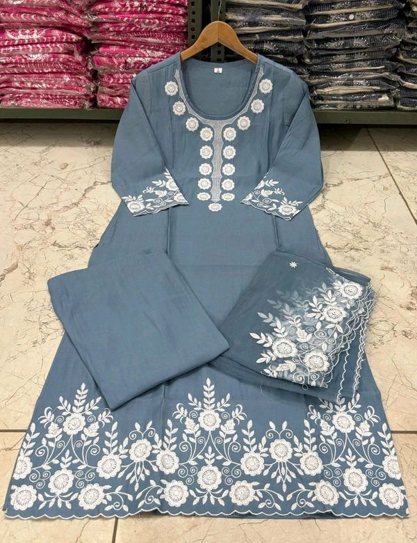 LCW 5693 New*Pure Roman silk suit set With Organza Dupatta  Beautiful Mirror Work  - Blue, XL-42