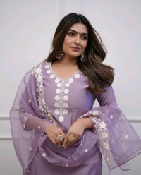 LCW 5693 New*Pure Roman silk suit set With Organza Dupatta  Beautiful Mirror Work  - Purple, 2XL-44