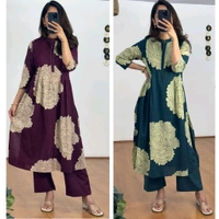 LCW 5694 *New pure Cotton Premium Floral Print cotton kurti Pant set Very comfortable - Purple, XL-42