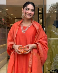 LCW 5695 *New Very Beautiful 3ps Set  cotton fabric Angrakha kurti pant and Chanderi  dupatta. - M-38